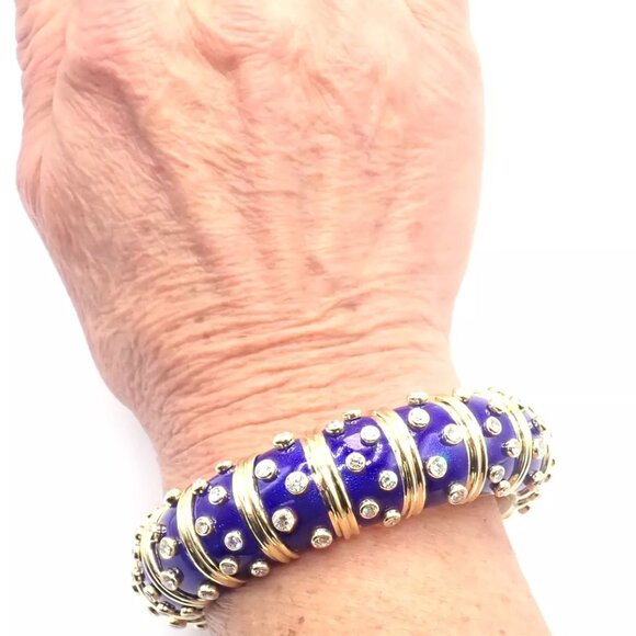 Tiffany & Co Schlumberger Dots 18k Yellow Gold Diamond Enamel Bangle Bracelet - Picture 5 of 10